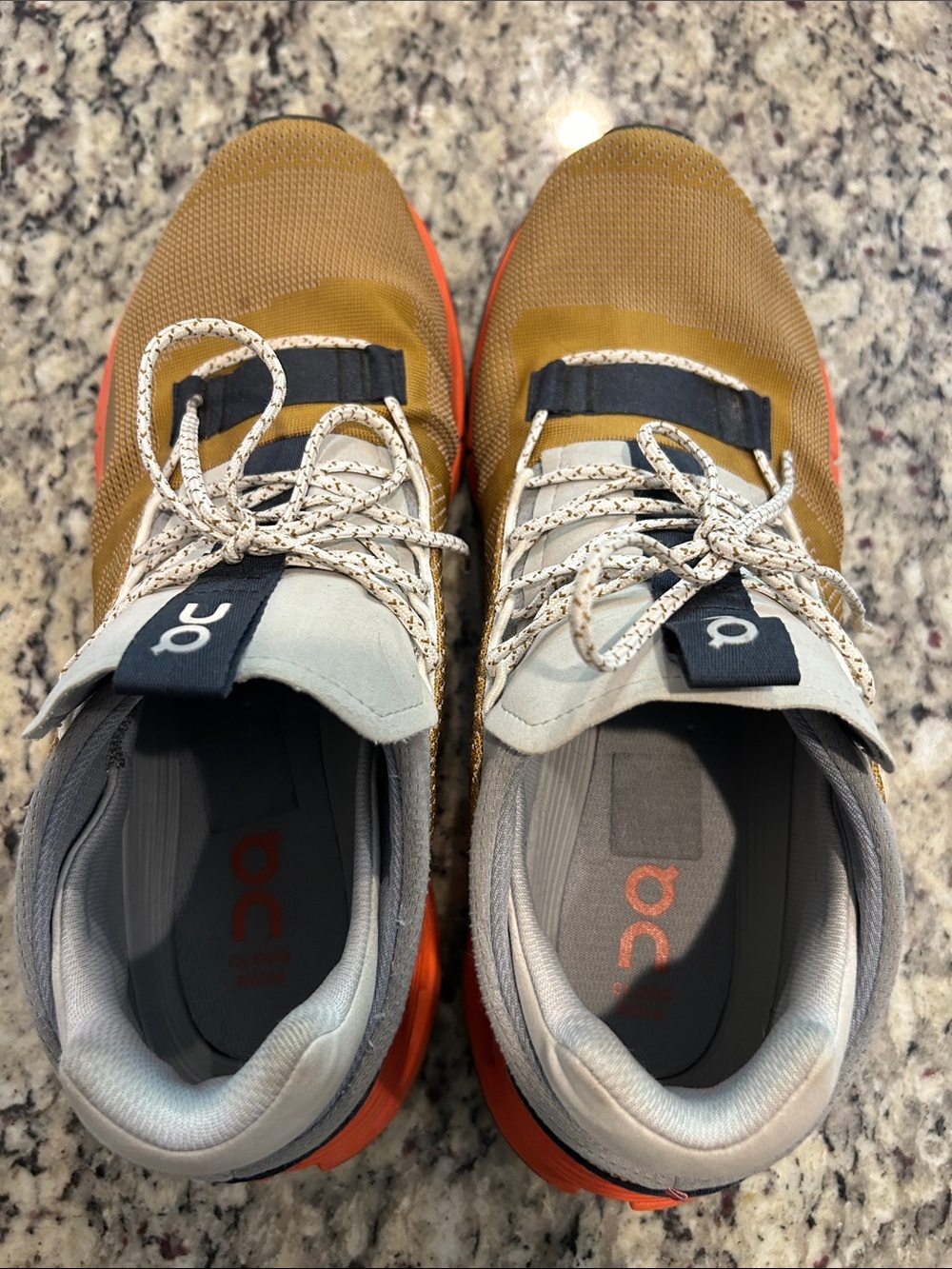 On Running Men’s Sneakers — Gold Upper with Orange Sole - Picture 2 of 8
